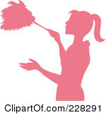 Pink Silhouetted Maid Dusting With A Feather Duster By Pams Clipart