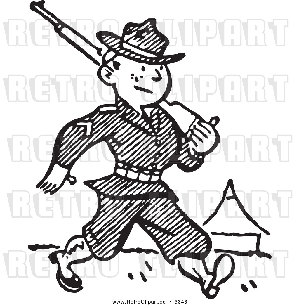 Vector Clipart Of A Black And White Retro Military Soldier Marching    
