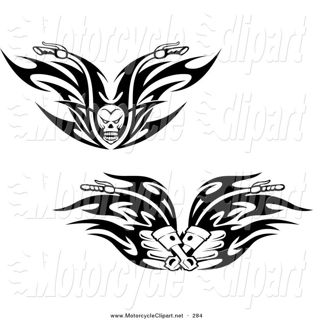 Clipart Of Black And White Skull And Piston Tribal Flaming Motorcycle