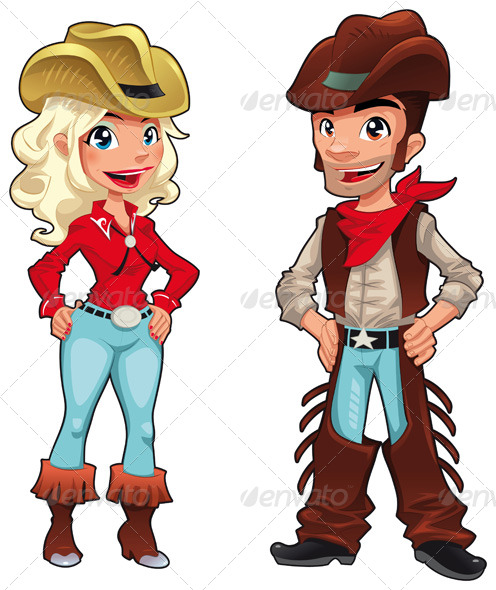 Cowboy And Cowgirl  Funny Cartoon And Vector Characters Isolated