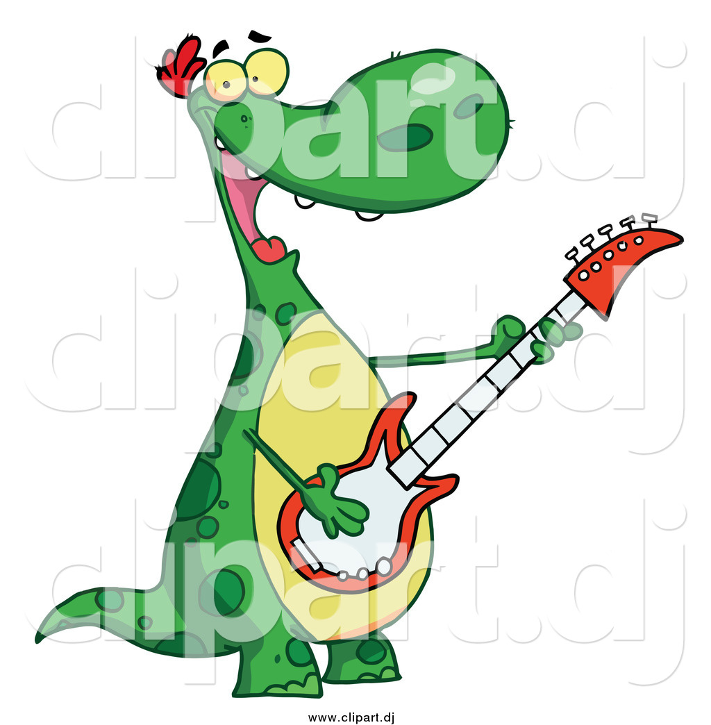 Dinosaur Playing Guitar While Smiling 3 Cartoon Green Frogs Playing
