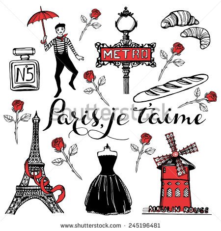 Hand Drawn Romantic Paris Set  Little Black Dress Roses Mime