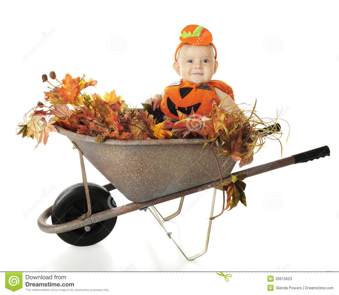 Happy Baby Boy Pumpkin Happily Sitting Among Fall Voliage In A Rustic    
