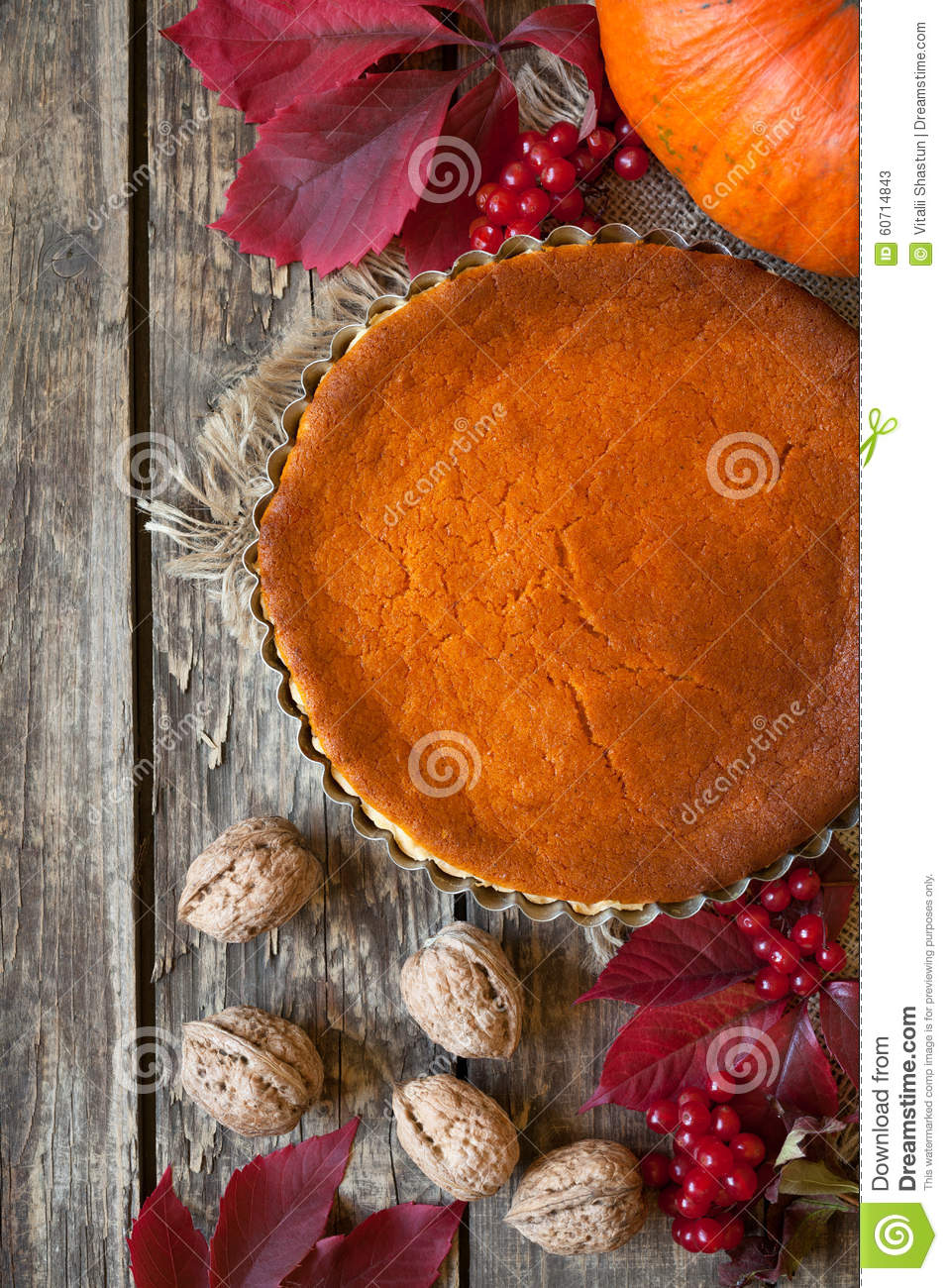 Homemade Autumn Pumpkin Tart Pie Sweet Dessert With Nuts And Fall    