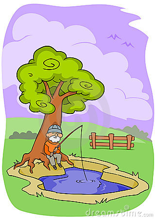 Beneath A Tree And Fishing In A Small Pool Relaxing In The Outdoors
