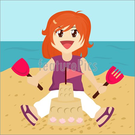 Illustration Of Cute Cartoon Girl Building A Sandcastle On The Beach