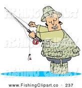 In Camouflage Gear Wading In Water And Holding His Fishing Pool