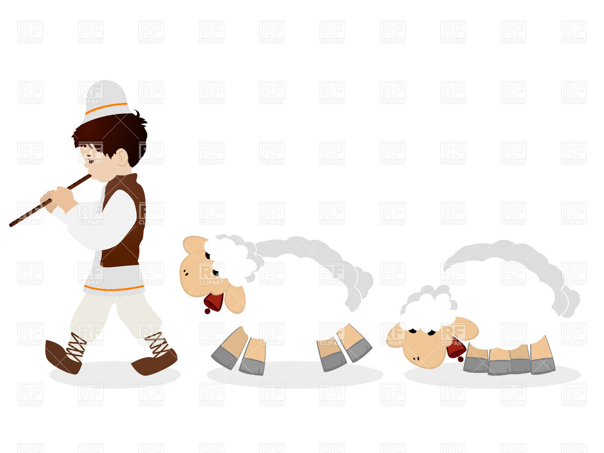 Little Shepherd In Traditional Clothes Plying Flute And His Flock Of    