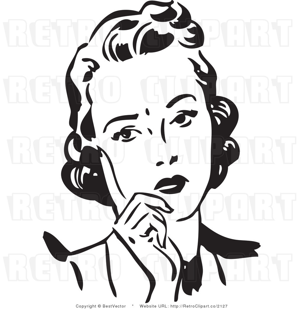 Royalty Free Black And White Retro Vector Clip Art Of A Sad Woman    