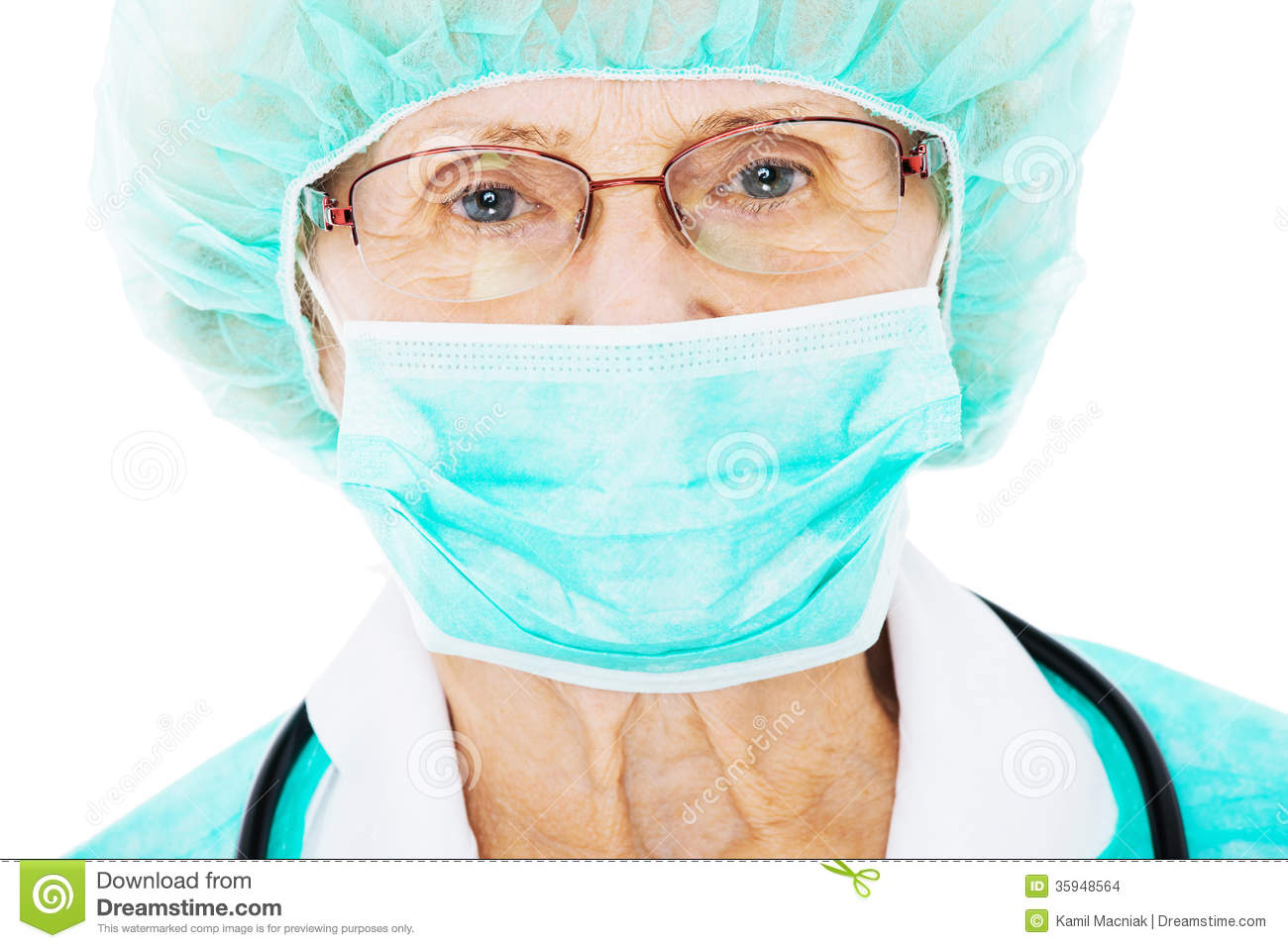 Surgeon Wearing Surgical Mask And Hat Isolated Over White Background