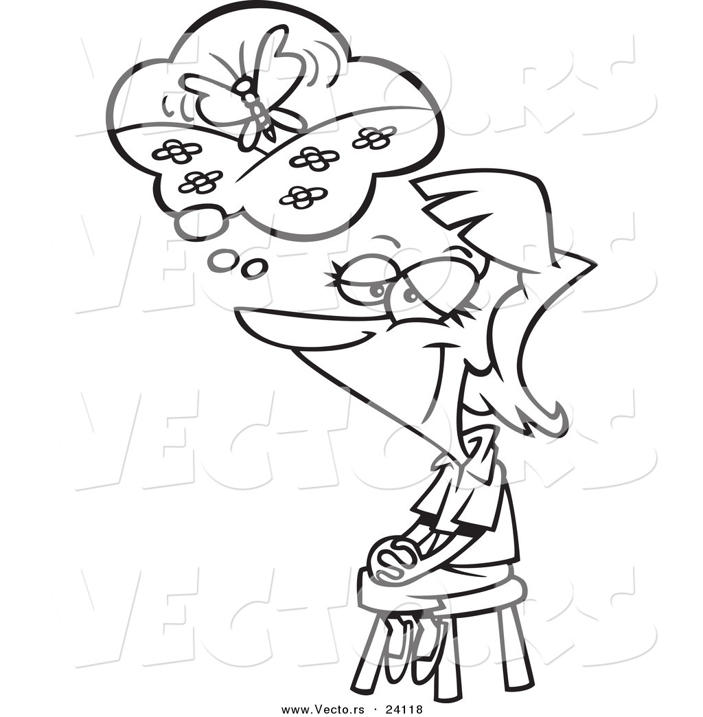 Vector Of A Cartoon Woman Thinking Of Her Happy Place   Coloring Page