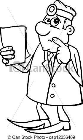 Vector Of Thinking Doctor Black And White Cartoon   Black And White    