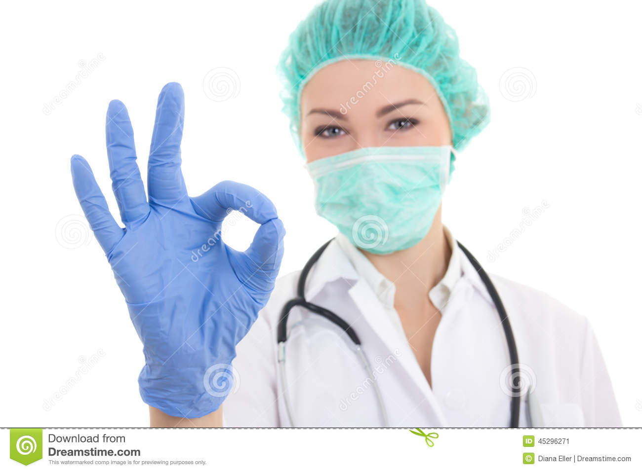 Young Woman Doctor In Surgeon Mask Cap And Rubber Gloves Showin Stock    