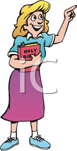 Bible Teacher Holding A Bible And Pointing   Royalty Free Clipart
