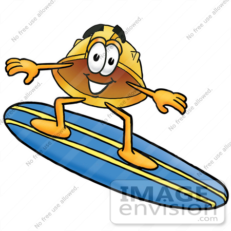 Clip Art Graphic Of A Yellow Safety Hardhat Cartoon Character Surfing