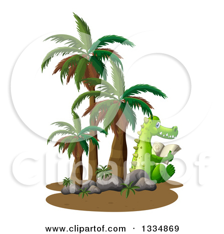 Clipart Of A Crocodile Reading By Palm Trees   Royalty Free Vector