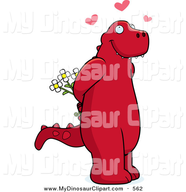 Clipart Of A Cute Red Dinosaur Holding Flowers Behind His Back By Cory    