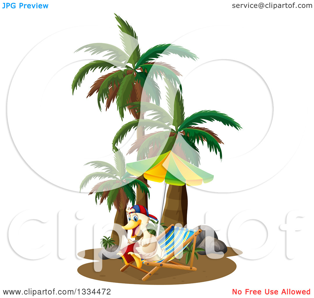 Clipart Of A Duck Reading A Book In A Chair By Palm Trees   Royalty
