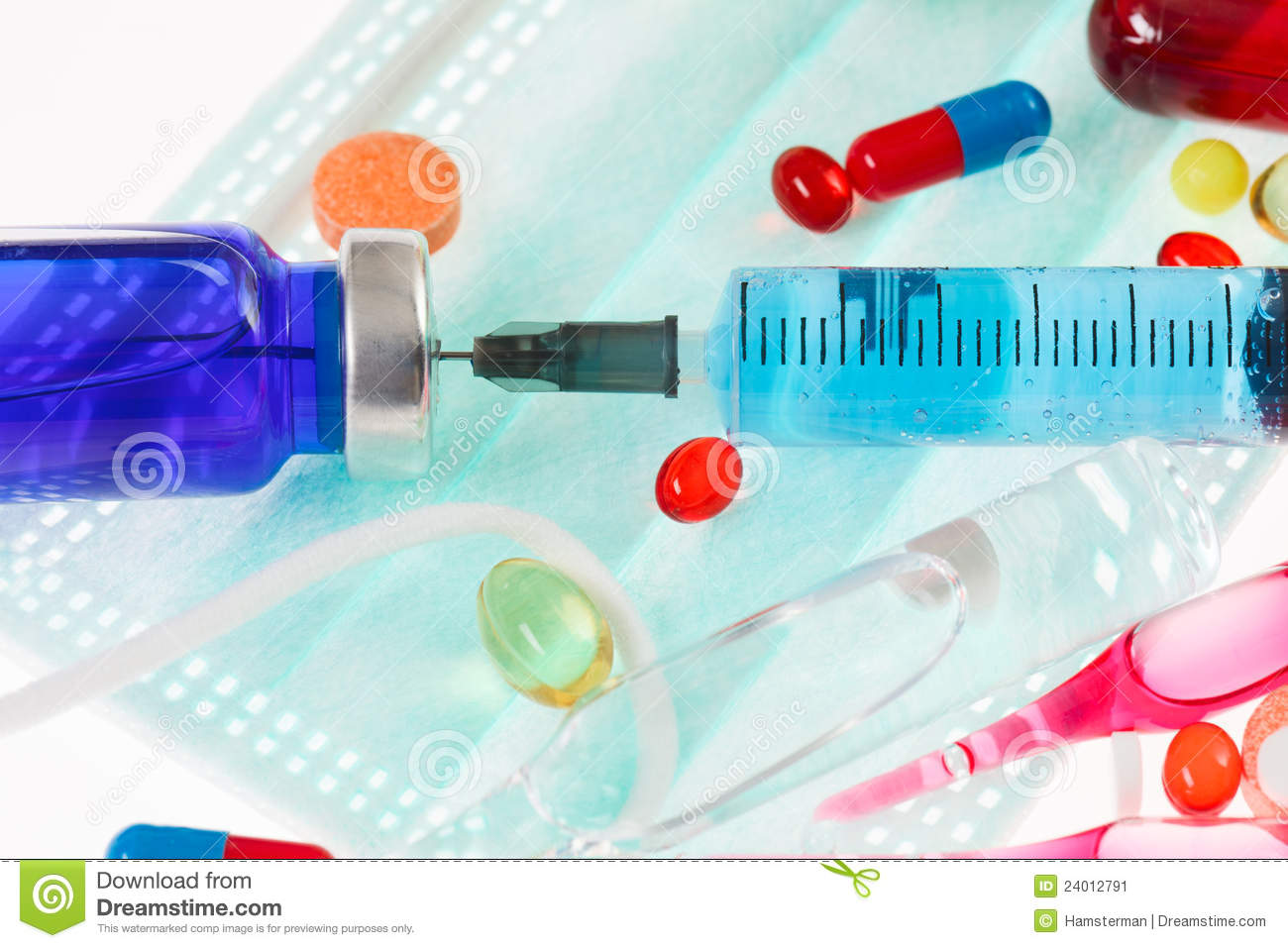 Pills Sterile Mask Ampoules And Syringe Closeup Still Life Medical