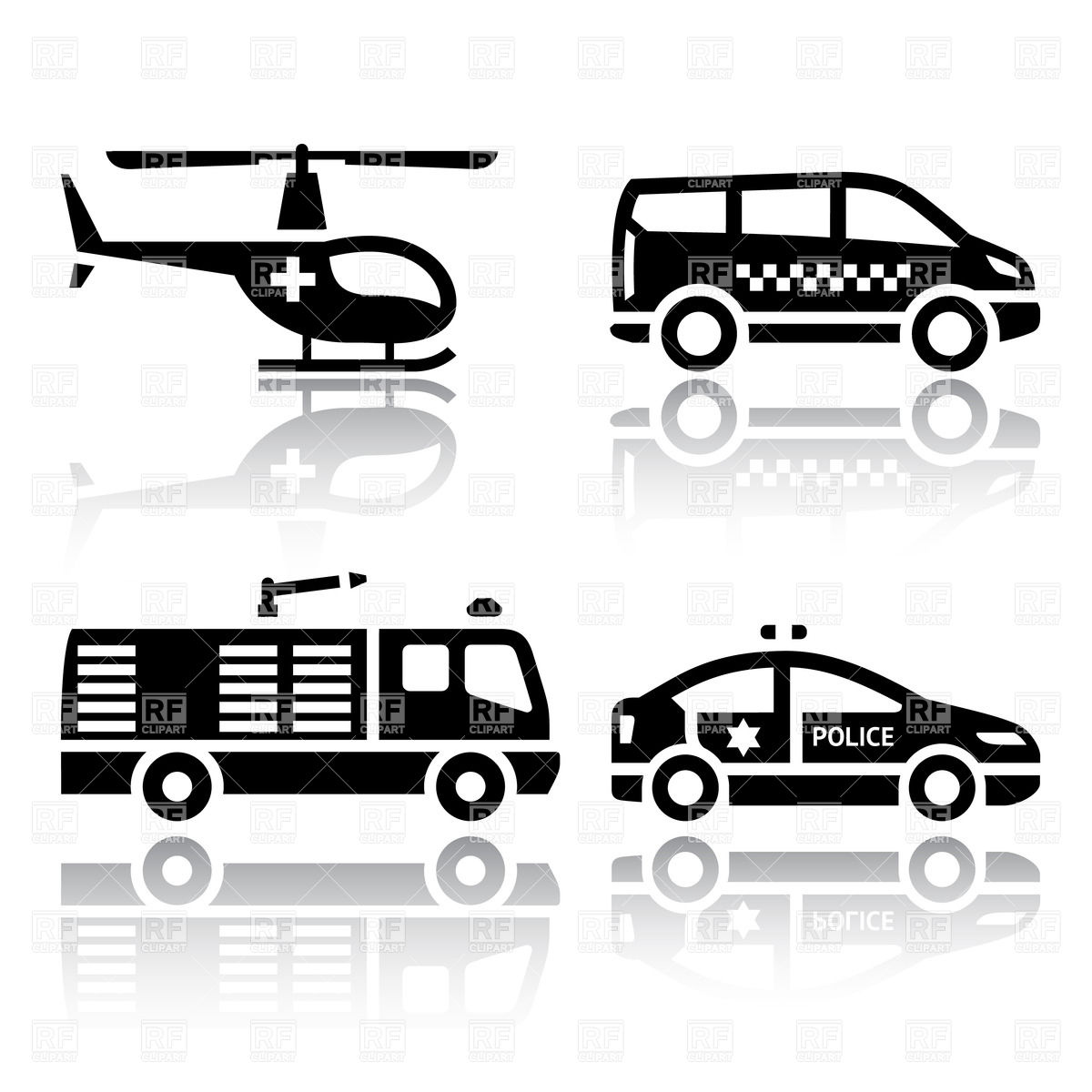 Urban Services Transport Icons   Fire Truck Helicopter Minibus And    