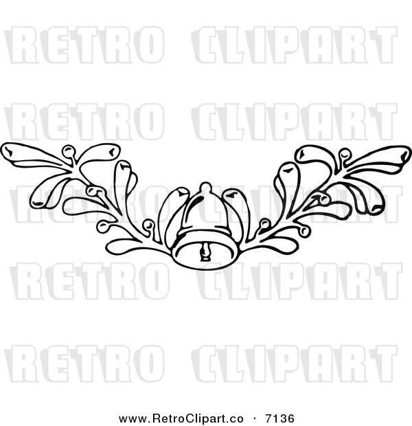 Vector Clipart Of A Retro Black And White Christmas Mistletoe And Bell    
