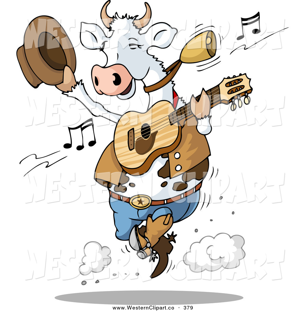 Western Clip Art Of A Dancing Cow Playing Country Music With A Guitar