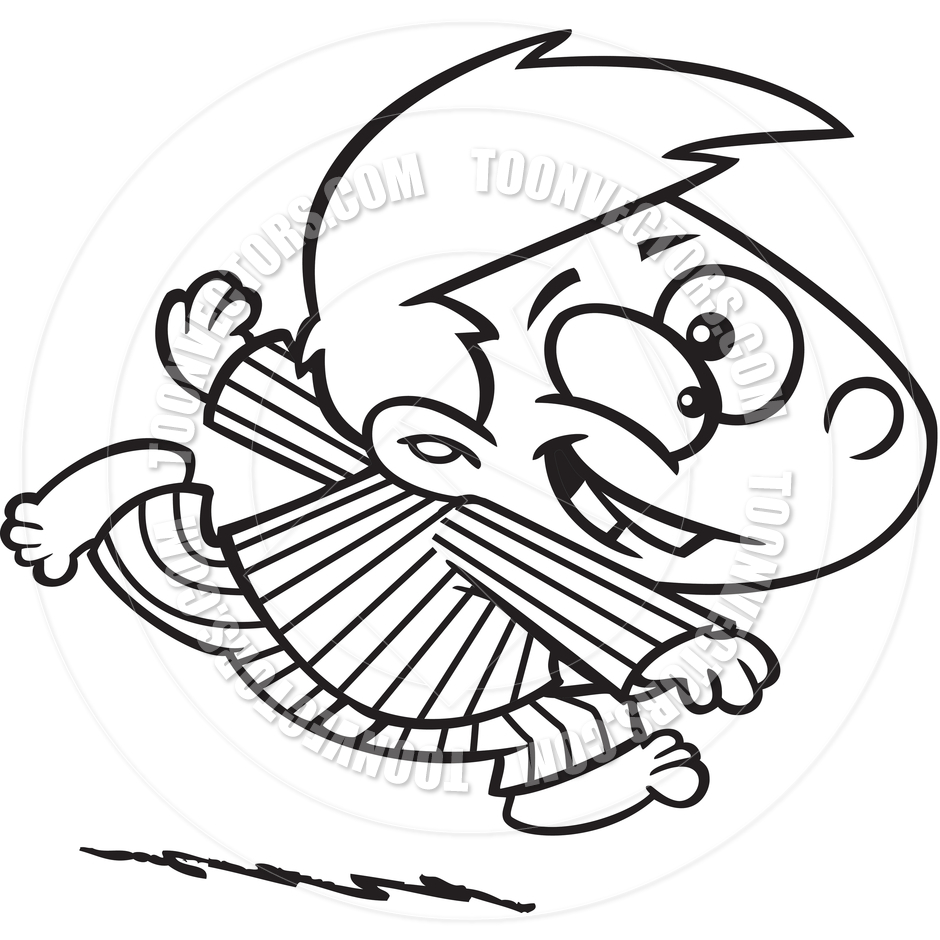 Cartoon Boy In Pajamas Running  Black And White Line Art  By Ron