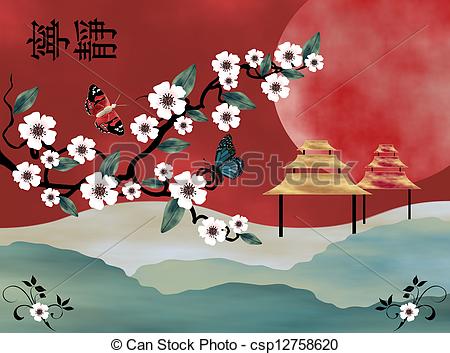 Clip Art Of Chinese Landscape Serenity   Two Pagoda With Mountains In