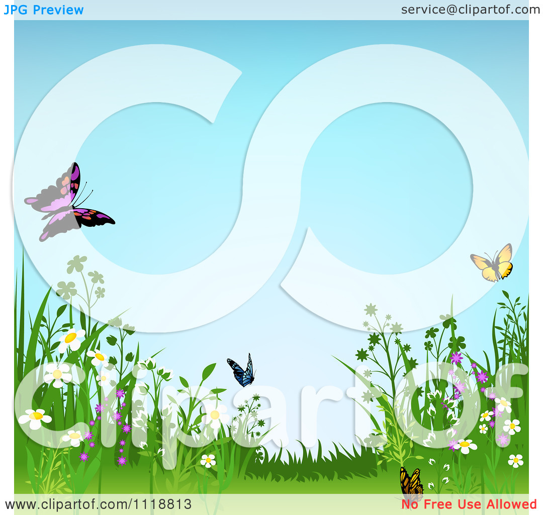 Clipart Of A Background Of Wild Meadow Flowers And Butterflies