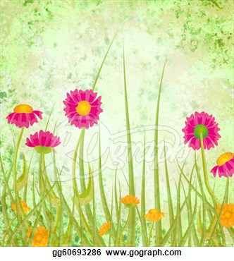 Drawing   Red Flowers Meadow Grunge Green Background  Clipart Drawing