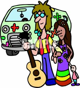 Hippie Family With A Flower Van And An Acoustic Guitar Clipart
