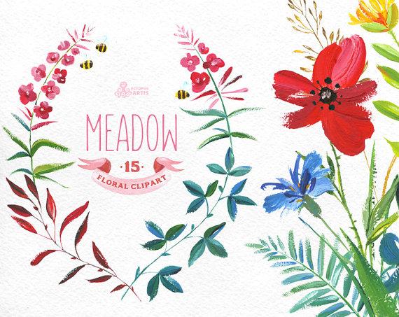 Meadow Clipart  15 Handpainted Wreaths Bouquets Borders Ribbon