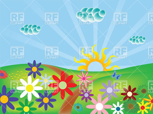 Spring Landscape   Meadow With Flowers And Sunrise 12061 Plants And