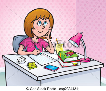 Stock Illustration   Girl Working On Homework   Stock Illustration