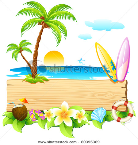 Surfer Surfboard And Palm Trees At The Beach   Vacation Vector Clip
