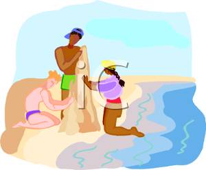 Teens Working On A Sandcastle At The Beach   Royalty Free Clipart