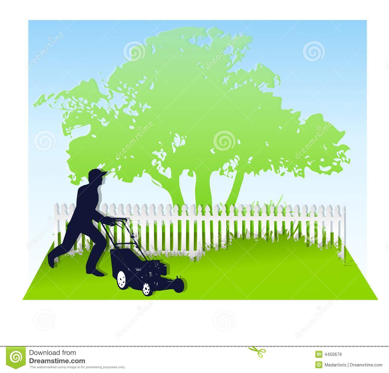 The Lawn With White Picket Fence Green Grass And Tree And Blue Sky