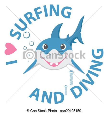 Vector   Surfing And Diving Summer Theme With Little Smiling Shark