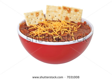 Bowl Of Hot Chili With Beans Cheese And Crackers  Isolated On White    