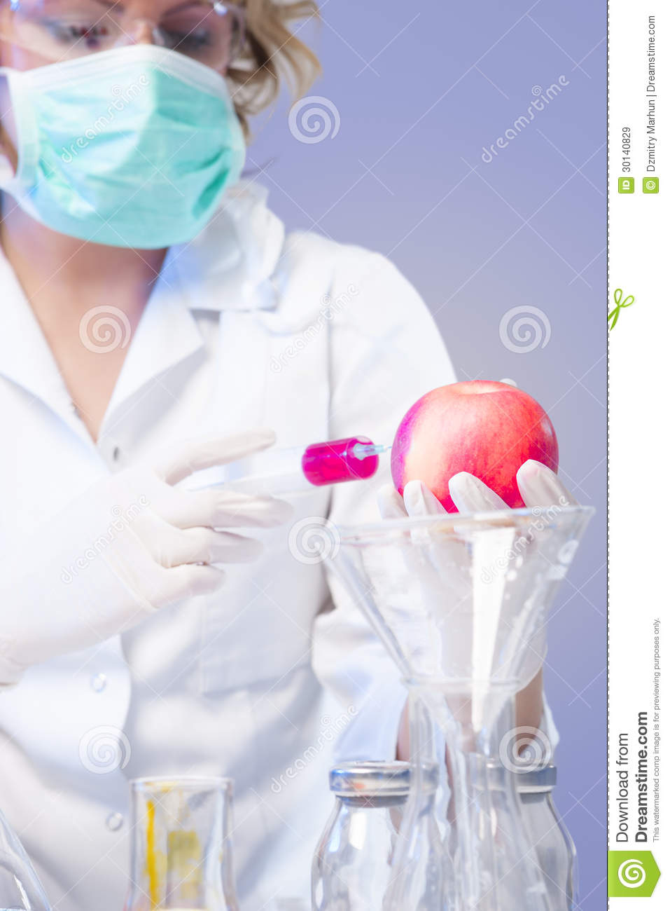 Closeup Portrait Of Woman Testing Apple Specimen In Lab Royalty Free