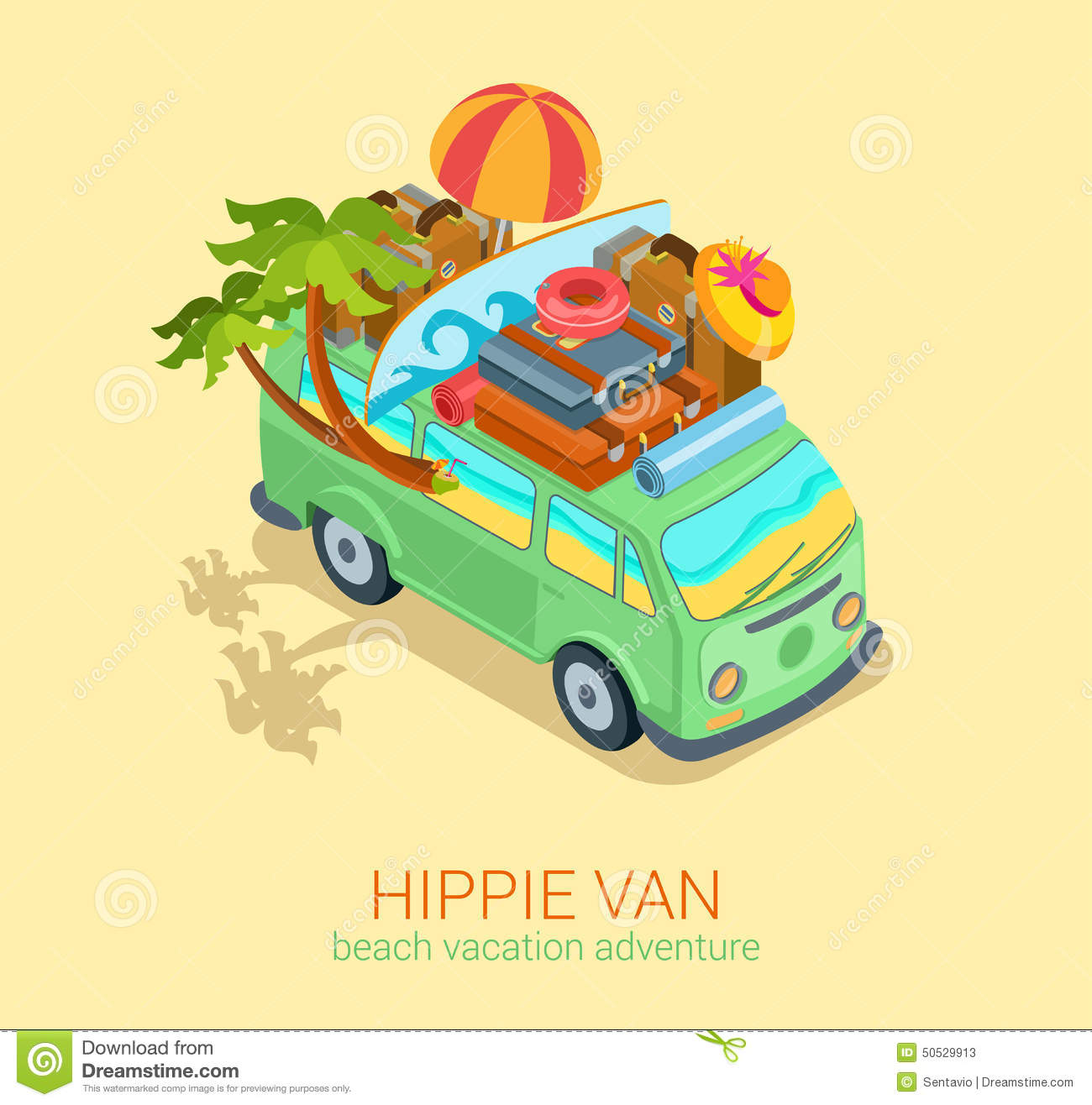 Hippie Van Travel Beach Adventure Vacation Flat 3d Web Isometric Stock