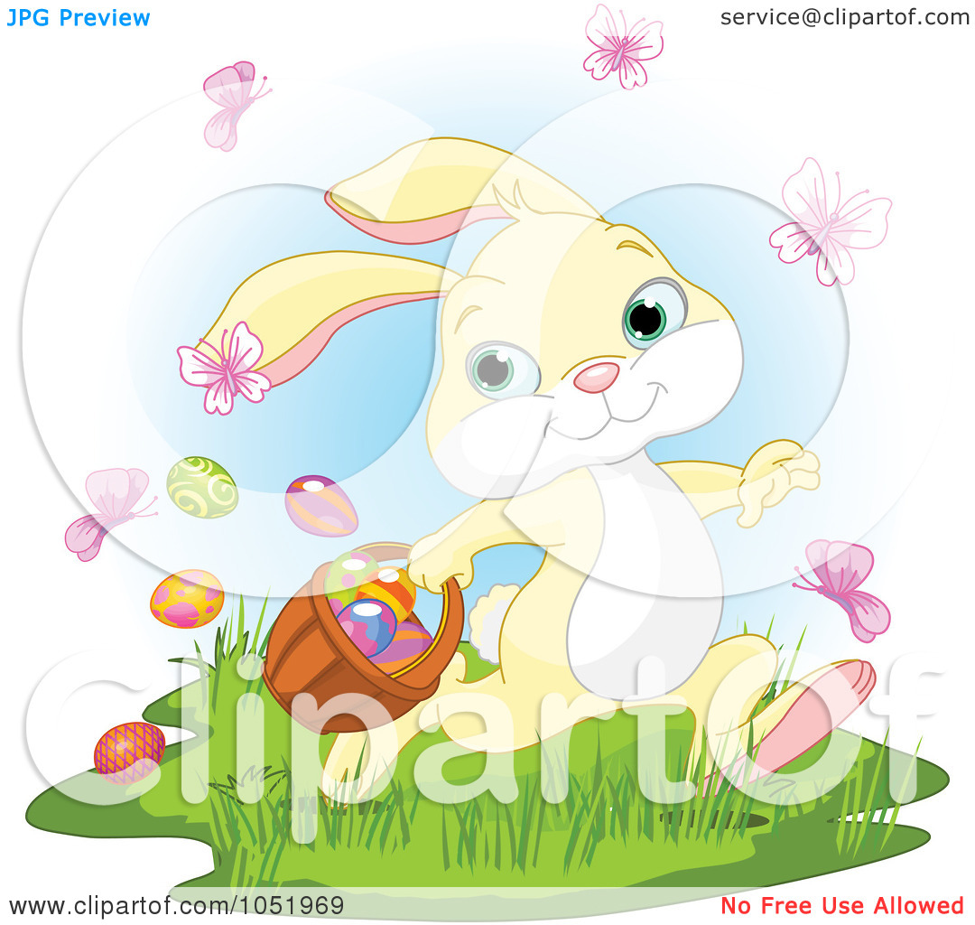 Illustration Of A Yellow Easter Bunny With Butterflies And Easter Eggs