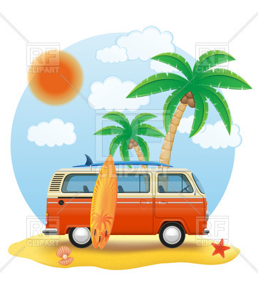 Retro Minivan On The Beach Surfboard And Palm Trees   Vacations