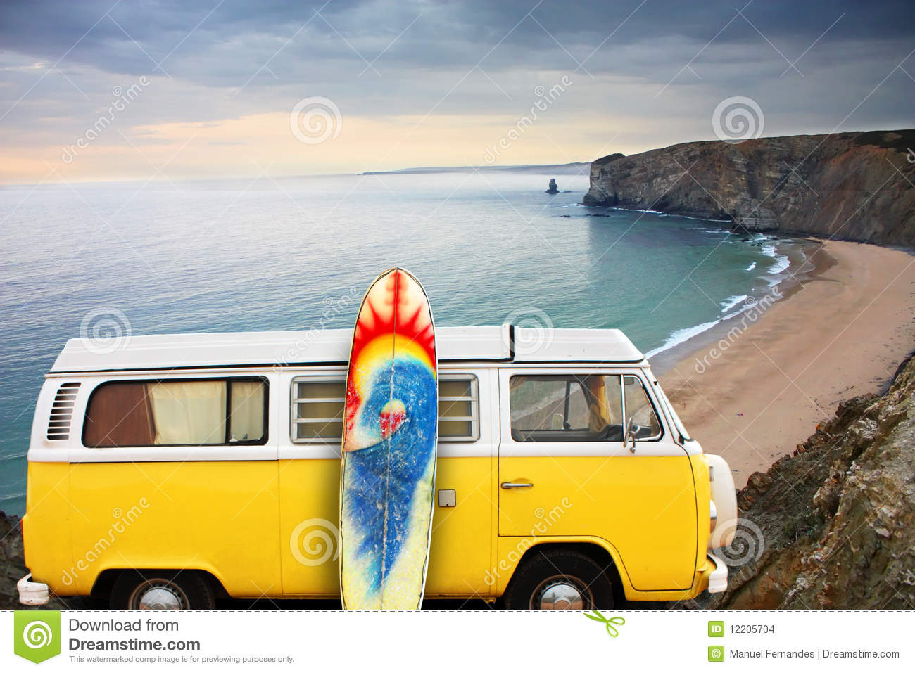 Stock Images  Van And Surf Board At A Beach