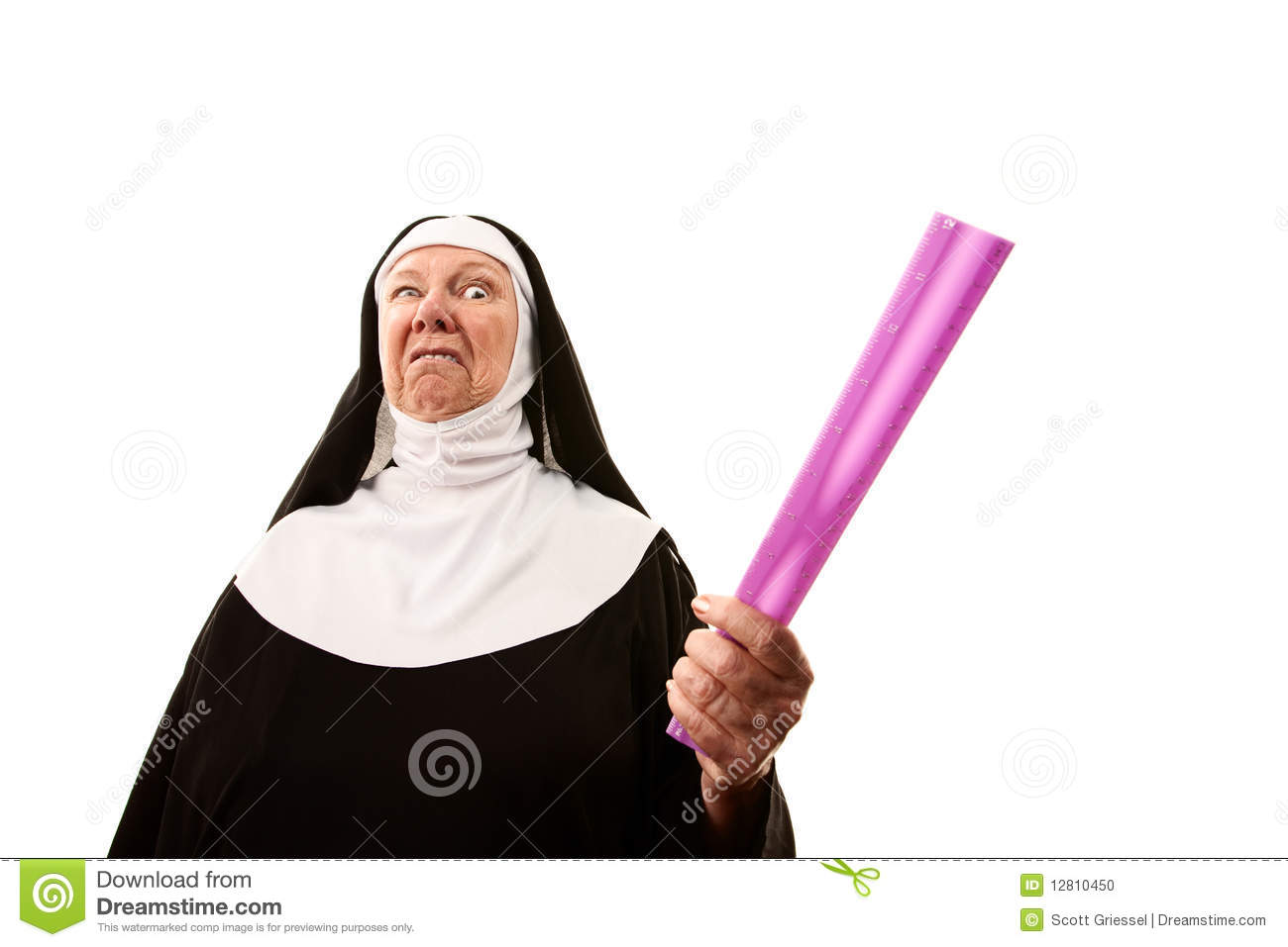 Angry Senior Nun Weilding Purple Ruler As Weapon