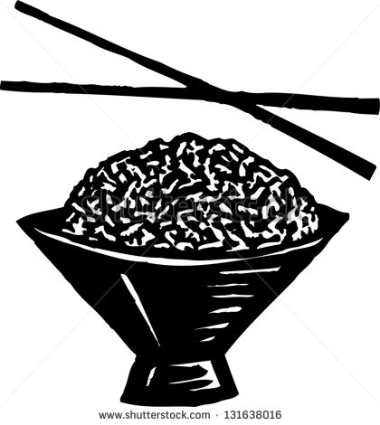 Black And White Vector Illustration Of Rice Bowl With Chopsticks