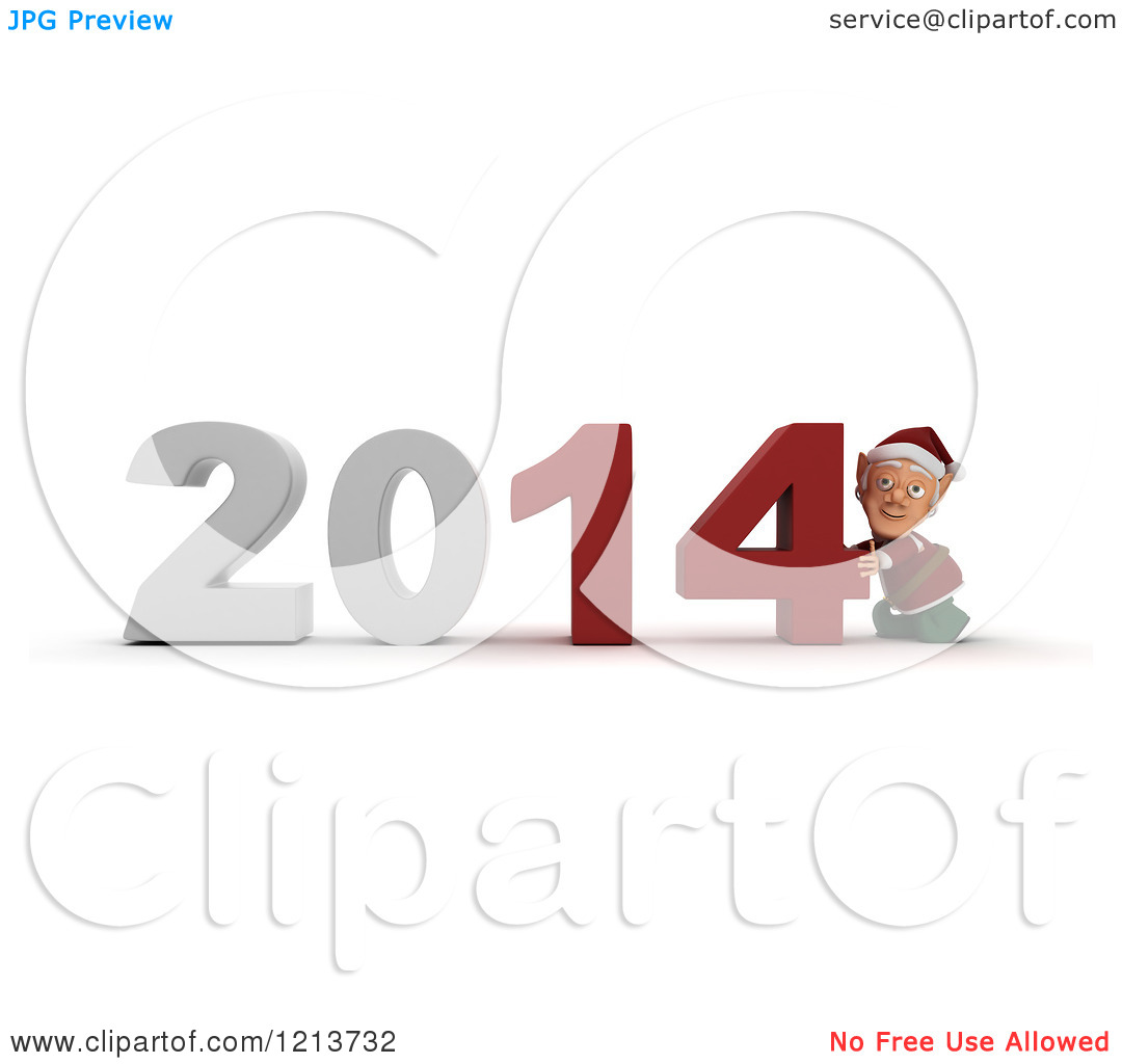 Clipart Of A 3d Christmas Elf Pushing New Year 2014 Numbers Together    