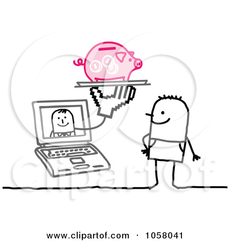 Laptop Man Holding A Piggy Bank Out To A Stick Man