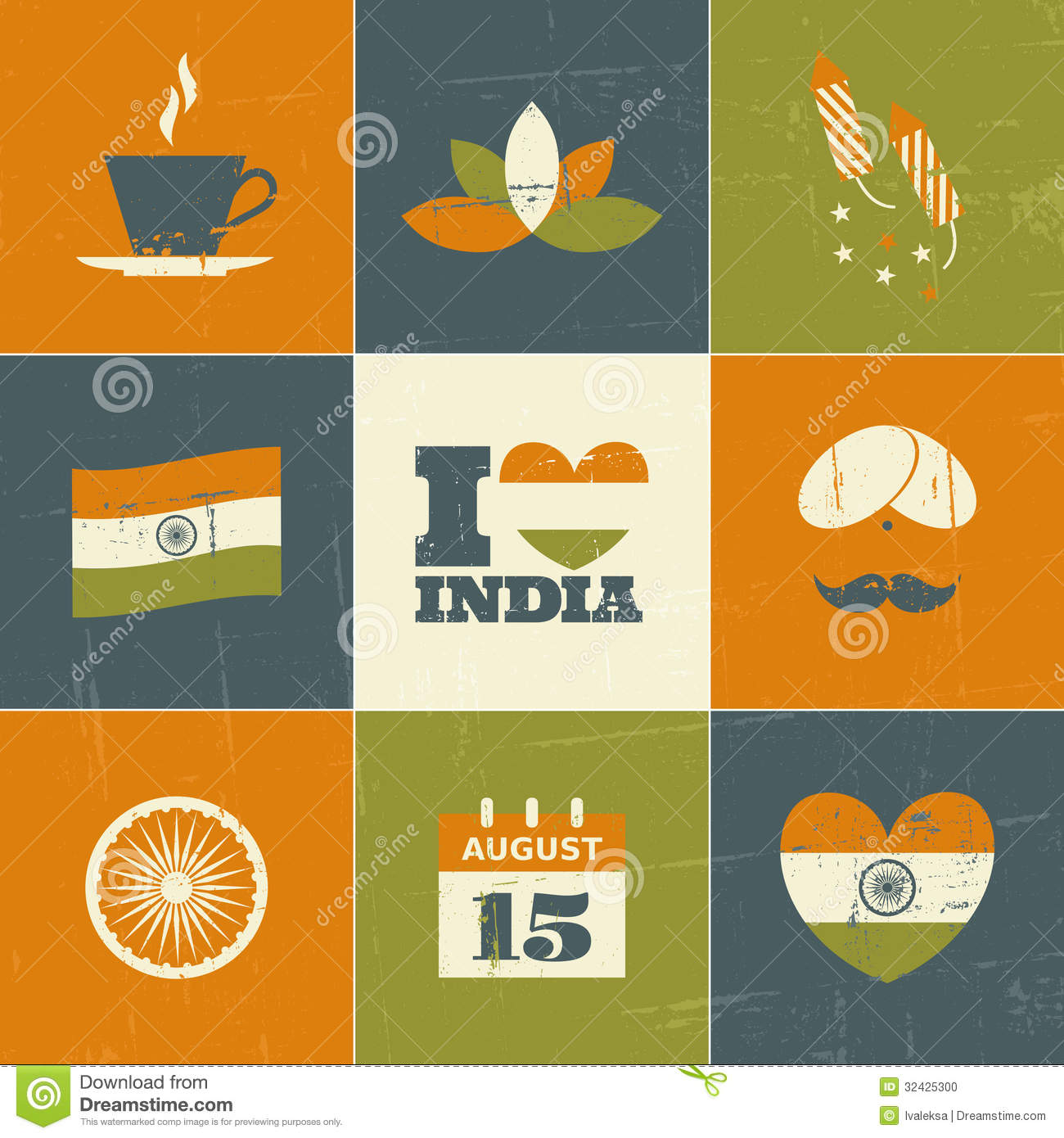 Set Of Symbols And Icons For The Indian Independence Day