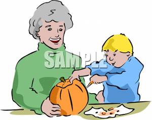 And Grandson Carving A Pumpkin   Royalty Free Clipart Picture